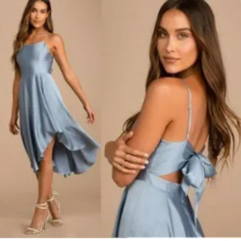 Lulus Days Like Today Blue Satin Asymmetrical Tie-Back Midi Dress Size S